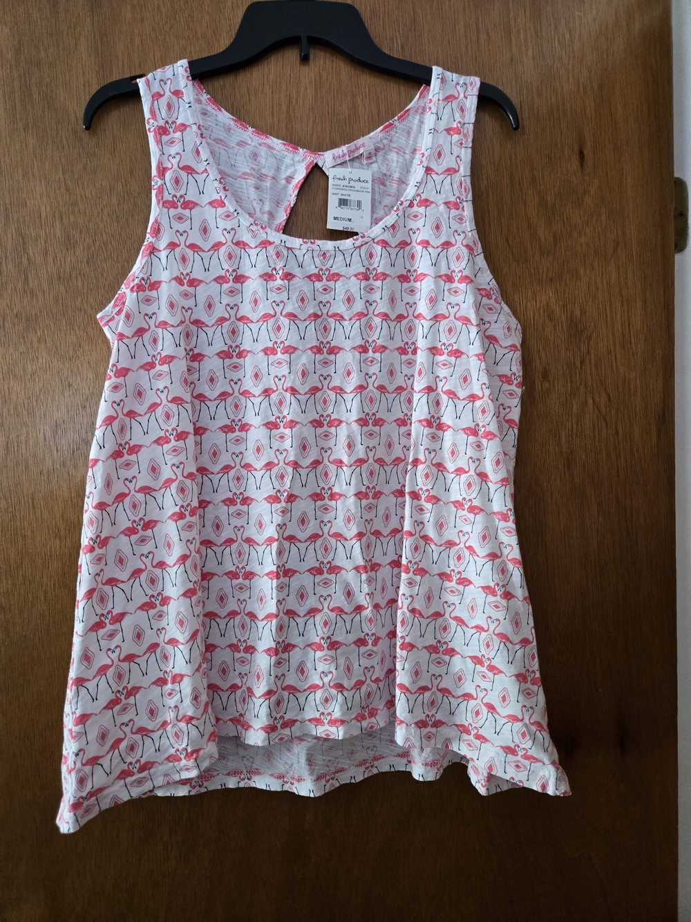 NWT Fresh Produce White Tank Top with Pink Flamingo Print Medium